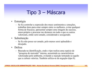 UFRGS / ESCOLA DE ADMINISTRAÇÃO / NEH – Núcleo Excelência Humana (2004) / Eneagrama Versão 1 143
Tipo 3 – Máscara
• Estratégia
– Se Eu controlar a expressão dos meus sentimentos e emoções,
trabalhar duro para estar sempre entre os melhores, evitar qualquer
forma de fracasso, apresentar sempre uma imagem de sucesso,
amor-próprio e procurar me destacar em tudo o que os outros
valorizam, então serei amado, considerado e assegurado.
• Substituição
– Se Eu não posso ser amado, pelo menos serei aplaudido e
desejado.
• Defesa
– Baseada na identificação, onde o tipo realiza uma espécie de
“pesquisa de mercado” interna, assumindo as características
valorizadas pelo ambiente, evitando a rejeição tornando-se aquilo
que a cultura valoriza. Também utiliza-se da negação (tipo 8).
 