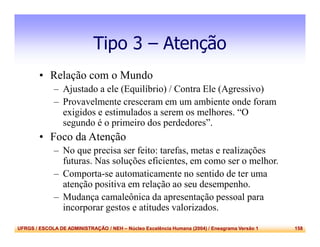 UFRGS / ESCOLA DE ADMINISTRAÇÃO / NEH – Núcleo Excelência Humana (2004) / Eneagrama Versão 1 158
Tipo 3 – Atenção
• Relação com o Mundo
– Ajustado a ele (Equilíbrio) / Contra Ele (Agressivo)
– Provavelmente cresceram em um ambiente onde foram
exigidos e estimulados a serem os melhores. “O
segundo é o primeiro dos perdedores”.
• Foco da Atenção
– No que precisa ser feito: tarefas, metas e realizações
futuras. Nas soluções eficientes, em como ser o melhor.
– Comporta-se automaticamente no sentido de ter uma
atenção positiva em relação ao seu desempenho.
– Mudança camaleônica da apresentação pessoal para
incorporar gestos e atitudes valorizados.
 