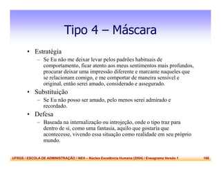 UFRGS / ESCOLA DE ADMINISTRAÇÃO / NEH – Núcleo Excelência Humana (2004) / Eneagrama Versão 1 166
Tipo 4 – Máscara
• Estratégia
– Se Eu não me deixar levar pelos padrões habituais de
comportamento, ficar atento aos meus sentimentos mais profundos,
procurar deixar uma impressão diferente e marcante naqueles que
se relacionam comigo, e me comportar de maneira sensível e
original, então serei amado, considerado e assegurado.
• Substituição
– Se Eu não posso ser amado, pelo menos serei admirado e
recordado.
• Defesa
– Baseada na internalização ou introjeção, onde o tipo traz para
dentro de si, como uma fantasia, aquilo que gostaria que
acontecesse, vivendo essa situação como realidade em seu próprio
mundo.
 