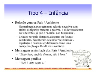 UFRGS / ESCOLA DE ADMINISTRAÇÃO / NEH – Núcleo Excelência Humana (2004) / Eneagrama Versão 1 167
Tipo 4 – Infância
• Relação com os Pais / Ambiente
– Normalmente, possuem uma relação negativa com
ambas as figuras: materna e paterna, o as levou a tentar
ser diferentes, já que o “normal não funcionou”.
– Criados por pais distantes, ausentes ou figuras
substitutas, perceberam-se como “defeituosas”,
rejeitadas e buscam ser diferentes como uma
compensação que lhe dá mais conforto.
• Mensagem assimilada dos Pais / Ambiente
– “Estar bem, ou feliz demais, não é bom.”
• Mensagem perdida
– “Você é visto como é.”
 