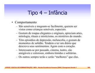 UFRGS / ESCOLA DE ADMINISTRAÇÃO / NEH – Núcleo Excelência Humana (2004) / Eneagrama Versão 1 168
Tipo 4 – Infância
• Comportamento
– São sensíveis e magoam-se facilmente, querem ser
vistos como crianças sensíveis, especiais.
– Gostam de roupas elegantes e originais, apreciam artes,
mitologia, rituais e misticismo, os mistérios do mundo.
– Têm episódios de depressão, melancolia, e gostam de
momentos de solidão. Tendem a ter um diário que
descreva seus sentimentos. Agem com o coração.
– Interessam-se por passado, cinema, teatro, são
amigáveis e calorosas, embora tímidas e solitárias.
– Os outros sempre terão e serão “melhores” que elas.
 