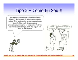 UFRGS / ESCOLA DE ADMINISTRAÇÃO / NEH – Núcleo Excelência Humana (2004) / Eneagrama Versão 1 195
Tipo 5 – Como Eu Sou !!
Meu desejo fundamental é “Compreender o
Mundo”. Tenho medo de ser esmagado pelos
outros. Evito sentimentos fortes, especialmente
o medo. Não gosto de pessoas ou
circunstâncias invasoras ou exigentes. Sentir-me
ignorante acaba comigo, sinto-me seguro em
meu mundo mental.
 