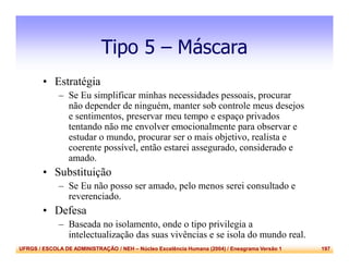 UFRGS / ESCOLA DE ADMINISTRAÇÃO / NEH – Núcleo Excelência Humana (2004) / Eneagrama Versão 1 197
Tipo 5 – Máscara
• Estratégia
– Se Eu simplificar minhas necessidades pessoais, procurar
não depender de ninguém, manter sob controle meus desejos
e sentimentos, preservar meu tempo e espaço privados
tentando não me envolver emocionalmente para observar e
estudar o mundo, procurar ser o mais objetivo, realista e
coerente possível, então estarei assegurado, considerado e
amado.
• Substituição
– Se Eu não posso ser amado, pelo menos serei consultado e
reverenciado.
• Defesa
– Baseada no isolamento, onde o tipo privilegia a
intelectualização das suas vivências e se isola do mundo real.
 
