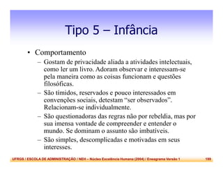UFRGS / ESCOLA DE ADMINISTRAÇÃO / NEH – Núcleo Excelência Humana (2004) / Eneagrama Versão 1 199
Tipo 5 – Infância
• Comportamento
– Gostam de privacidade aliada a atividades intelectuais,
como ler um livro. Adoram observar e interessam-se
pela maneira como as coisas funcionam e questões
filosóficas.
– São tímidos, reservados e pouco interessados em
convenções sociais, detestam “ser observados”.
Relacionam-se individualmente.
– São questionadoras das regras não por rebeldia, mas por
sua imensa vontade de compreender e entender o
mundo. Se dominam o assunto são imbatíveis.
– São simples, descomplicadas e motivadas em seus
interesses.
 