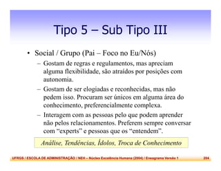 UFRGS / ESCOLA DE ADMINISTRAÇÃO / NEH – Núcleo Excelência Humana (2004) / Eneagrama Versão 1 204
Tipo 5 – Sub Tipo III
• Social / Grupo (Pai – Foco no Eu/Nós)
– Gostam de regras e regulamentos, mas apreciam
alguma flexibilidade, são atraídos por posições com
autonomia.
– Gostam de ser elogiadas e reconhecidas, mas não
pedem isso. Procuram ser únicos em alguma área do
conhecimento, preferencialmente complexa.
– Interagem com as pessoas pelo que podem aprender
não pelos relacionamentos. Preferem sempre conversar
com “experts” e pessoas que os “entendem”.
Análise, Tendências, Ídolos, Troca de Conhecimento
 
