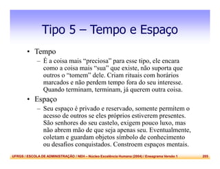 UFRGS / ESCOLA DE ADMINISTRAÇÃO / NEH – Núcleo Excelência Humana (2004) / Eneagrama Versão 1 205
Tipo 5 – Tempo e Espaço
• Tempo
– É a coisa mais “preciosa” para esse tipo, ele encara
como a coisa mais “sua” que existe, não suporta que
outros o “tomem” dele. Criam rituais com horários
marcados e não perdem tempo fora do seu interesse.
Quando terminam, terminam, já querem outra coisa.
• Espaço
– Seu espaço é privado e reservado, somente permitem o
acesso de outros se eles próprios estiverem presentes.
São senhores do seu castelo, exigem pouco luxo, mas
não abrem mão de que seja apenas seu. Eventualmente,
coletam e guardam objetos símbolo de conhecimento
ou desafios conquistados. Constroem espaços mentais.
 