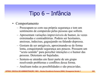 UFRGS / ESCOLA DE ADMINISTRAÇÃO / NEH – Núcleo Excelência Humana (2004) / Eneagrama Versão 1 222
Tipo 6 – Infância
• Comportamento
– Preocupam-se com sua própria segurança e tem um
sentimento de compaixão pelas pessoas que sofrem.
– Apresentam variações imprevisíveis de humor, às vezes
extremadas e contraditórias. Podem ser hesitantes,
ansiosas, indecisas, gaguejando ou falando depressa.
– Gostam de ser amigáveis, aproximando-se de forma
lenta, conquistando segurança aos poucos. Possuem um
“sexto sentido” para perceber intenções e o humor das
pessoas. Detestam ser bajuladas.
– Sentem-se atraídas em fazer parte de um grupo
resolvendo problemas e conflitos dessa forma.
– Analisam todas as possibilidades e são precavidas.
 