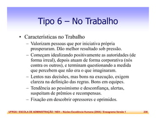 UFRGS / ESCOLA DE ADMINISTRAÇÃO / NEH – Núcleo Excelência Humana (2004) / Eneagrama Versão 1 236
Tipo 6 – No Trabalho
• Características no Trabalho
– Valorizam pessoas que por iniciativa própria
prosperaram. Dão melhor resultado sob pressão.
– Começam idealizando positivamente as autoridades (de
forma irreal), depois atuam de forma corporativa (nós
contra os outros), e terminam questionando a medida
que percebem que não era o que imaginaram.
– Lentos nas decisões, mas bons na execução, exigem
clareza na definição das regras. Bons em equipes.
– Tendência ao pessimismo e desconfiança, alertas,
suspeitam de prêmios e recompensas.
– Fixação em descobrir opressores e oprimidos.
 
