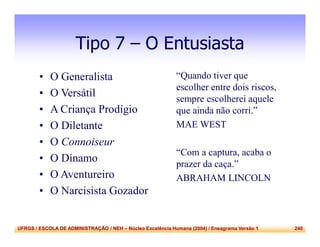 UFRGS / ESCOLA DE ADMINISTRAÇÃO / NEH – Núcleo Excelência Humana (2004) / Eneagrama Versão 1 240
• O Generalista
• O Versátil
• A Criança Prodígio
• O Diletante
• O Connoiseur
• O Dínamo
• O Aventureiro
• O Narcisista Gozador
Tipo 7 – O Entusiasta
“Quando tiver que
escolher entre dois riscos,
sempre escolherei aquele
que ainda não corri.”
MAE WEST
“Com a captura, acaba o
prazer da caça.”
ABRAHAM LINCOLN
 