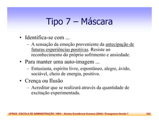 UFRGS / ESCOLA DE ADMINISTRAÇÃO / NEH – Núcleo Excelência Humana (2004) / Eneagrama Versão 1 242
Tipo 7 – Máscara
• Identifica-se com ...
– A sensação da emoção proveniente da antecipação de
futuras experiências positivas. Resiste ao
reconhecimento do próprio sofrimento e ansiedade.
• Para manter uma auto-imagem ...
– Entusiasta, espírito livre, espontâneo, alegre, ávido,
sociável, cheio de energia, positivo.
• Crença ou Ilusão
– Acreditar que se realizará através da quantidade de
excitação experimentada.
 