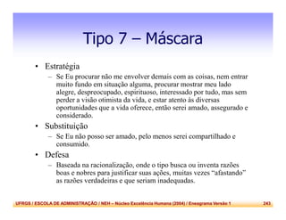 UFRGS / ESCOLA DE ADMINISTRAÇÃO / NEH – Núcleo Excelência Humana (2004) / Eneagrama Versão 1 243
Tipo 7 – Máscara
• Estratégia
– Se Eu procurar não me envolver demais com as coisas, nem entrar
muito fundo em situação alguma, procurar mostrar meu lado
alegre, despreocupado, espirituoso, interessado por tudo, mas sem
perder a visão otimista da vida, e estar atento às diversas
oportunidades que a vida oferece, então serei amado, assegurado e
considerado.
• Substituição
– Se Eu não posso ser amado, pelo menos serei compartilhado e
consumido.
• Defesa
– Baseada na racionalização, onde o tipo busca ou inventa razões
boas e nobres para justificar suas ações, muitas vezes “afastando”
as razões verdadeiras e que seriam inadequadas.
 