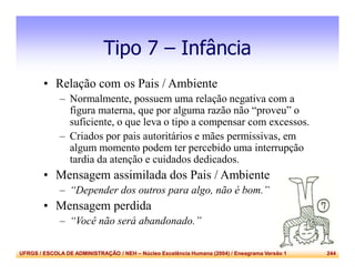 UFRGS / ESCOLA DE ADMINISTRAÇÃO / NEH – Núcleo Excelência Humana (2004) / Eneagrama Versão 1 244
Tipo 7 – Infância
• Relação com os Pais / Ambiente
– Normalmente, possuem uma relação negativa com a
figura materna, que por alguma razão não “proveu” o
suficiente, o que leva o tipo a compensar com excessos.
– Criados por pais autoritários e mães permissivas, em
algum momento podem ter percebido uma interrupção
tardia da atenção e cuidados dedicados.
• Mensagem assimilada dos Pais / Ambiente
– “Depender dos outros para algo, não é bom.”
• Mensagem perdida
– “Você não será abandonado.”
 