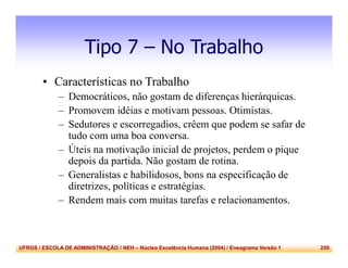 UFRGS / ESCOLA DE ADMINISTRAÇÃO / NEH – Núcleo Excelência Humana (2004) / Eneagrama Versão 1 259
Tipo 7 – No Trabalho
• Características no Trabalho
– Democráticos, não gostam de diferenças hierárquicas.
– Promovem idéias e motivam pessoas. Otimistas.
– Sedutores e escorregadios, crêem que podem se safar de
tudo com uma boa conversa.
– Úteis na motivação inicial de projetos, perdem o pique
depois da partida. Não gostam de rotina.
– Generalistas e habilidosos, bons na especificação de
diretrizes, políticas e estratégias.
– Rendem mais com muitas tarefas e relacionamentos.
 