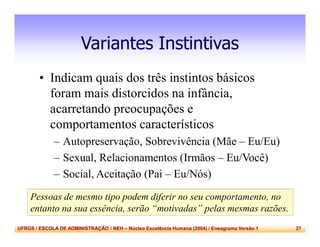 UFRGS / ESCOLA DE ADMINISTRAÇÃO / NEH – Núcleo Excelência Humana (2004) / Eneagrama Versão 1 27
Variantes Instintivas
• Indicam quais dos três instintos básicos
foram mais distorcidos na infância,
acarretando preocupações e
comportamentos característicos
– Autopreservação, Sobrevivência (Mãe – Eu/Eu)
– Sexual, Relacionamentos (Irmãos – Eu/Você)
– Social, Aceitação (Pai – Eu/Nós)
Pessoas de mesmo tipo podem diferir no seu comportamento, no
entanto na sua essência, serão “motivadas” pelas mesmas razões.
 