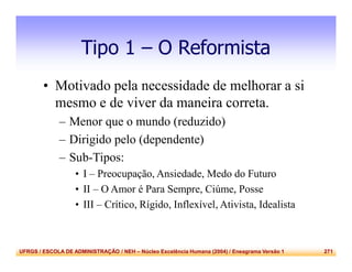 UFRGS / ESCOLA DE ADMINISTRAÇÃO / NEH – Núcleo Excelência Humana (2004) / Eneagrama Versão 1 271
Tipo 1 – O Reformista
• Motivado pela necessidade de melhorar a si
mesmo e de viver da maneira correta.
– Menor que o mundo (reduzido)
– Dirigido pelo (dependente)
– Sub-Tipos:
• I – Preocupação, Ansiedade, Medo do Futuro
• II – O Amor é Para Sempre, Ciúme, Posse
• III – Crítico, Rígido, Inflexível, Ativista, Idealista
 