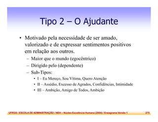 UFRGS / ESCOLA DE ADMINISTRAÇÃO / NEH – Núcleo Excelência Humana (2004) / Eneagrama Versão 1 275
Tipo 2 – O Ajudante
• Motivado pela necessidade de ser amado,
valorizado e de expressar sentimentos positivos
em relação aos outros.
– Maior que o mundo (egocêntrico)
– Dirigido pelo (dependente)
– Sub-Tipos:
• I – Eu Mereço, Sou Vítima, Quero Atenção
• II – Assédio, Excesso de Agrados, Confidências, Intimidade
• III – Ambição, Amigo de Todos, Ambição
 