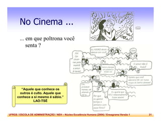 UFRGS / ESCOLA DE ADMINISTRAÇÃO / NEH – Núcleo Excelência Humana (2004) / Eneagrama Versão 1 31
No Cinema ...
... em que poltrona você
senta ?
“Aquele que conhece os
outros é culto. Aquele que
conhece a si mesmo é sábio.”
LAO-TSÉ
 