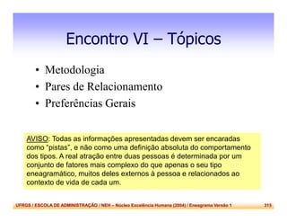 UFRGS / ESCOLA DE ADMINISTRAÇÃO / NEH – Núcleo Excelência Humana (2004) / Eneagrama Versão 1 315
Encontro VI – Tópicos
• Metodologia
• Pares de Relacionamento
• Preferências Gerais
AVISO: Todas as informações apresentadas devem ser encaradas
como “pistas”, e não como uma definição absoluta do comportamento
dos tipos. A real atração entre duas pessoas é determinada por um
conjunto de fatores mais complexo do que apenas o seu tipo
eneagramático, muitos deles externos à pessoa e relacionados ao
contexto de vida de cada um.
 
