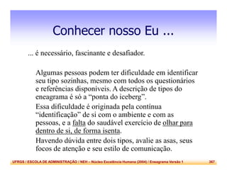 UFRGS / ESCOLA DE ADMINISTRAÇÃO / NEH – Núcleo Excelência Humana (2004) / Eneagrama Versão 1 367
Conhecer nosso Eu ...
... é necessário, fascinante e desafiador.
Algumas pessoas podem ter dificuldade em identificar
seu tipo sozinhas, mesmo com todos os questionários
e referências disponíveis. A descrição de tipos do
eneagrama é só a “ponta do iceberg”.
Essa dificuldade é originada pela contínua
“identificação” de si com o ambiente e com as
pessoas, e a falta do saudável exercício de olhar para
dentro de si, de forma isenta.
Havendo dúvida entre dois tipos, avalie as asas, seus
focos de atenção e seu estilo de comunicação.
 