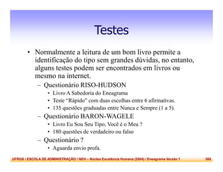 UFRGS / ESCOLA DE ADMINISTRAÇÃO / NEH – Núcleo Excelência Humana (2004) / Eneagrama Versão 1 368
Testes
• Normalmente a leitura de um bom livro permite a
identificação do tipo sem grandes dúvidas, no entanto,
alguns testes podem ser encontrados em livros ou
mesmo na internet.
– Questionário RISO-HUDSON
• Livro A Sabedoria do Eneagrama
• Teste “Rápido” com duas escolhas entre 6 afirmativas.
• 135 questões graduadas entre Nunca e Sempre (1 a 5).
– Questionário BARON-WAGELE
• Livro Eu Sou Seu Tipo, Você é o Meu ?
• 180 questões de verdadeiro ou falso
– Questionário ?
• Aguarda envio profa.
 