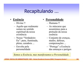 UFRGS / ESCOLA DE ADMINISTRAÇÃO / NEH – Núcleo Excelência Humana (2004) / Eneagrama Versão 1 369
Recapitulando ...
• Essência
– Divina !!
– Aquilo que realmente
somos no sentido
espiritual da nossa
existência
– Nosso “Verdadeiro
Eu”: pura, iluminada,
plena, curadora ...
– Envolta pela
personalidade
• Personalidade
– Humana !!
– As máscaras que
assumimos para a
proteção da nossa
essência
– Conjunto de crenças,
medos, defesas,
compensações ...
– “Protege” a Essência
das ameaças e perigos
Somos a Essência, mas manifestamos a Personalidade.
 