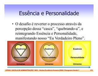 UFRGS / ESCOLA DE ADMINISTRAÇÃO / NEH – Núcleo Excelência Humana (2004) / Eneagrama Versão 1 372
Universo
Personalidade
Essência
Universo
Personalidade
Essência
Essência e Personalidade
• O desafio é reverter o processo através da
percepção dessa “casca”, “quebrando-a”, e
reintegrando Essência e Personalidade,
manifestando nosso “Eu Verdadeiro Pleno”.
Universo
Personalidade
Essência
 
