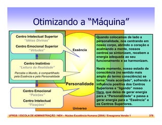UFRGS / ESCOLA DE ADMINISTRAÇÃO / NEH – Núcleo Excelência Humana (2004) / Eneagrama Versão 1 378
Otimizando a “Máquina”
Universo
Personalidade
Essência
Centro Intelectual Superior
“Idéias Divinas”
Centro Emocional Superior
“Virtudes”
Centro Emocional
“Paixões”
Centro Intelectual
“Fixações”
Quando colocamos de lado a
personalidade, nos centrando em
nosso corpo, abrindo o coração e
acalmando a mente, nossos
centros se sintonizam, recebem a
energia adequada ao seu
funcionamento e se harmonizam.
Neste momento, nosso estado de
consciência (no sentido mais
amplo do termo consciência) se
torna “mais acordado”, sofrendo a
influência positiva dos Centros
Superiores e “ligando” nosso
Hara, que deixa de gerar energia
para a “Personalidade” e passa a
gerar energia para a “Essência” e
os Centros Superiores.
Centro Instintivo
“Leitura da Realidade”
Percebe o Mundo, é compartilhado
pela Essência e pela Personalidade
 
