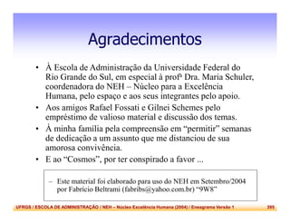 UFRGS / ESCOLA DE ADMINISTRAÇÃO / NEH – Núcleo Excelência Humana (2004) / Eneagrama Versão 1 395
Agradecimentos
• À Escola de Administração da Universidade Federal do
Rio Grande do Sul, em especial à profa Dra. Maria Schuler,
coordenadora do NEH – Núcleo para a Excelência
Humana, pelo espaço e aos seus integrantes pelo apoio.
• Aos amigos Rafael Fossati e Gilnei Schemes pelo
empréstimo de valioso material e discussão dos temas.
• À minha família pela compreensão em “permitir” semanas
de dedicação a um assunto que me distanciou de sua
amorosa convivência.
• E ao “Cosmos”, por ter conspirado a favor ...
– Este material foi elaborado para uso do NEH em Setembro/2004
por Fabrício Beltrami (fabribs@yahoo.com.br) “9W8”
 