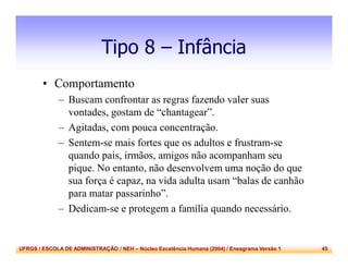 UFRGS / ESCOLA DE ADMINISTRAÇÃO / NEH – Núcleo Excelência Humana (2004) / Eneagrama Versão 1 45
Tipo 8 – Infância
• Comportamento
– Buscam confrontar as regras fazendo valer suas
vontades, gostam de “chantagear”.
– Agitadas, com pouca concentração.
– Sentem-se mais fortes que os adultos e frustram-se
quando pais, irmãos, amigos não acompanham seu
pique. No entanto, não desenvolvem uma noção do que
sua força é capaz, na vida adulta usam “balas de canhão
para matar passarinho”.
– Dedicam-se e protegem a família quando necessário.
 