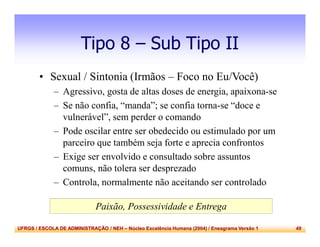 UFRGS / ESCOLA DE ADMINISTRAÇÃO / NEH – Núcleo Excelência Humana (2004) / Eneagrama Versão 1 49
Tipo 8 – Sub Tipo II
• Sexual / Sintonia (Irmãos – Foco no Eu/Você)
– Agressivo, gosta de altas doses de energia, apaixona-se
– Se não confia, “manda”; se confia torna-se “doce e
vulnerável”, sem perder o comando
– Pode oscilar entre ser obedecido ou estimulado por um
parceiro que também seja forte e aprecia confrontos
– Exige ser envolvido e consultado sobre assuntos
comuns, não tolera ser desprezado
– Controla, normalmente não aceitando ser controlado
Paixão, Possessividade e Entrega
 