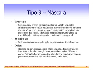 UFRGS / ESCOLA DE ADMINISTRAÇÃO / NEH – Núcleo Excelência Humana (2004) / Eneagrama Versão 1 66
Tipo 9 – Máscara
• Estratégia
– Se Eu não me afobar, procurar não tomar partido sem antes
analisar bastante os lados envolvidos, não levar nada nem ninguém
muito a sério, procurar ser sempre compreensivo e receptivo aos
problemas dos outros, adaptando-me para preservar o clima de
tranqüilidade, então serei amado, considerado e assegurado.
• Substituição
– Se Eu não posso ser amado, pelo menos serei aceito e absorvido.
• Defesa
– Baseada na narcotização, onde o tipo se distrai das experiências
interiores voltando a atenção para o mundo exterior. “Põe-se a
dormir” através da imersão no trabalho, lazer e envolvimento com
problemas e questões que são dos outros, e não suas.
 