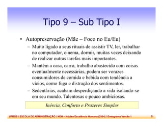 UFRGS / ESCOLA DE ADMINISTRAÇÃO / NEH – Núcleo Excelência Humana (2004) / Eneagrama Versão 1 71
Tipo 9 – Sub Tipo I
• Autopreservação (Mãe – Foco no Eu/Eu)
– Muito ligado a seus rituais de assistir TV, ler, trabalhar
no computador, cinema, dormir, muitas vezes deixando
de realizar outras tarefas mais importantes.
– Mantém a casa, carro, trabalho abastecido com coisas
eventualmente necessárias, podem ser vorazes
consumidores de comida e bebida com tendência a
vícios, como fuga e distração dos sentimentos.
– Sedentárias, acabam desperdiçando a vida isolando-se
em seu mundo. Talentosas e pouco ambiciosas.
Inércia, Conforto e Prazeres Simples
 