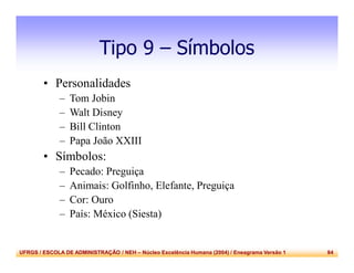 UFRGS / ESCOLA DE ADMINISTRAÇÃO / NEH – Núcleo Excelência Humana (2004) / Eneagrama Versão 1 84
Tipo 9 – Símbolos
• Personalidades
– Tom Jobin
– Walt Disney
– Bill Clinton
– Papa João XXIII
• Símbolos:
– Pecado: Preguiça
– Animais: Golfinho, Elefante, Preguiça
– Cor: Ouro
– País: México (Siesta)
 