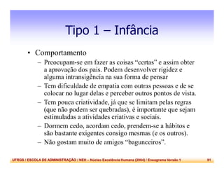 UFRGS / ESCOLA DE ADMINISTRAÇÃO / NEH – Núcleo Excelência Humana (2004) / Eneagrama Versão 1 91
Tipo 1 – Infância
• Comportamento
– Preocupam-se em fazer as coisas “certas” e assim obter
a aprovação dos pais. Podem desenvolver rigidez e
alguma intransigência na sua forma de pensar
– Tem dificuldade de empatia com outras pessoas e de se
colocar no lugar delas e perceber outros pontos de vista.
– Tem pouca criatividade, já que se limitam pelas regras
(que não podem ser quebradas), é importante que sejam
estimuladas a atividades criativas e sociais.
– Dormem cedo, acordam cedo, prendem-se a hábitos e
são bastante exigentes consigo mesmas (e os outros).
– Não gostam muito de amigos “bagunceiros”.
 