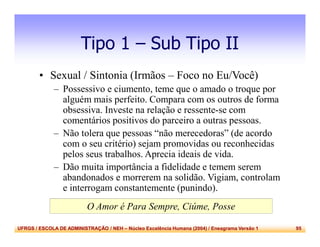 UFRGS / ESCOLA DE ADMINISTRAÇÃO / NEH – Núcleo Excelência Humana (2004) / Eneagrama Versão 1 95
Tipo 1 – Sub Tipo II
• Sexual / Sintonia (Irmãos – Foco no Eu/Você)
– Possessivo e ciumento, teme que o amado o troque por
alguém mais perfeito. Compara com os outros de forma
obsessiva. Investe na relação e ressente-se com
comentários positivos do parceiro a outras pessoas.
– Não tolera que pessoas “não merecedoras” (de acordo
com o seu critério) sejam promovidas ou reconhecidas
pelos seus trabalhos. Aprecia ideais de vida.
– Dão muita importância a fidelidade e temem serem
abandonados e morrerem na solidão. Vigiam, controlam
e interrogam constantemente (punindo).
O Amor é Para Sempre, Ciúme, Posse
 