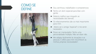 COMO SE
DEFINE
 Sou carinhoso, trabalhador e compreensivo.
 Tenho um dom especial para lidar com
gente.
 Detecto melhor que ninguém as
necessidades dos demais.
 Os relacionamentos são os mais importante
para mim.
 Adoro ser o amigo “especial” e me sentir
necessário.
 Posso ser manipulador. Tenho uma
personalidade múltipla. Não sei dizer não.
 Me adapto facilmente às situações e as
pessoas. É difícil para mim reconhecer as
minhas próprias necessidades”.
 