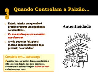    Estado interior em que não é
    preciso procurar um papel para
    se identificar…
   Eu sou aquilo que sou e é assim
    que deve ser.
   A vida pode ser feliz por si
    mesma sem necessidade de a
    produzir, de a fabricar.


Consiste em… esperança
Acreditar que, para além dos meus esforços, a
vida se ocupa daquilo que deve acontecer.
Aceitar que as coisas se façam através de mim
mais do que por mim.
 