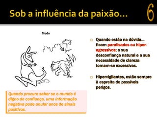    Quando estão na dúvida…
                                          ficam paralisados ou hiper-
                                          agressivos; a sua
                                          desconfiança natural e a sua
                                          necessidade de clareza
                                          tornam-se excessivas.

                                         Hipervigilantes, estão sempre
                                          à espreita de possíveis
                                          perigos.
Quando procuro saber se o mundo é
digno de confiança, uma informação
negativa pode anular anos de sinais
positivos.
 