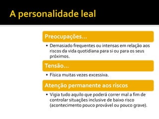 Preocupações…
• Demasiado frequentes ou intensas em relação aos
  riscos da vida quotidiana para si ou para os seus
  próximos.

Tensão…
• Física muitas vezes excessiva.

Atenção permanente aos riscos
• Vigia tudo aquilo que poderá correr mal a fim de
  controlar situações inclusive de baixo risco
  (acontecimento pouco provável ou pouco grave).
 