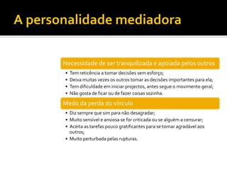 Necessidade de ser tranquilizada e apoiada pelos outros
•   Tem reticência a tomar decisões sem esforço;
•   Deixa muitas vezes os outros tomar as decisões importantes para ela;
•   Tem dificuldade em iniciar projectos, antes segue o movimento geral;
•   Não gosta de ficar ou de fazer coisas sozinha.

Medo da perda do vínculo
• Diz sempre que sim para não desagradar;
• Muito sensível e ansiosa se for criticada ou se alguém a censurar;
• Aceita as tarefas pouco gratificantes para se tornar agradável aos
  outros;
• Muito perturbada pelas rupturas.
 
