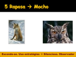Esconde-se. Usa estratégias  Silencioso. Observador
 