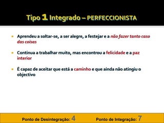   Aprendeu a soltar-se, a ser alegre, a festejar e a não fazer tanto caso
    das coisas

   Continua a trabalhar muito, mas encontrou a felicidade e a paz
    interior

   É capaz de aceitar que está a caminho e que ainda não atingiu o
    objectivo




      Ponto de Desintegração:    4            Ponto de Integração:   7
 