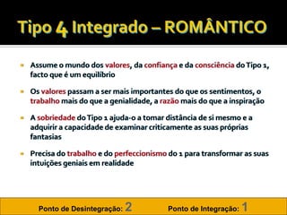    Assume o mundo dos valores, da confiança e da consciência do Tipo 1,
    facto que é um equilíbrio

   Os valores passam a ser mais importantes do que os sentimentos, o
    trabalho mais do que a genialidade, a razão mais do que a inspiração

   A sobriedade do Tipo 1 ajuda-o a tomar distância de si mesmo e a
    adquirir a capacidade de examinar criticamente as suas próprias
    fantasias

   Precisa do trabalho e do perfeccionismo do 1 para transformar as suas
    intuições geniais em realidade




      Ponto de Desintegração:   2           Ponto de Integração:   1
 