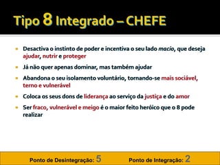    Desactiva o instinto de poder e incentiva o seu lado macio, que deseja
    ajudar, nutrir e proteger
   Já não quer apenas dominar, mas também ajudar
   Abandona o seu isolamento voluntário, tornando-se mais sociável,
    terno e vulnerável
   Coloca os seus dons de liderança ao serviço da justiça e do amor
   Ser fraco, vulnerável e meigo é o maior feito heróico que o 8 pode
    realizar




      Ponto de Desintegração:   5           Ponto de Integração:   2
 