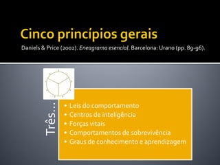 Daniels & Price (2002). Eneagrama esencial. Barcelona: Urano (pp. 89-96).
         Três…


                 •   Leis do comportamento
                 •   Centros de inteligência
                 •   Forças vitais
                 •   Comportamentos de sobrevivência
                 •   Graus de conhecimento e aprendizagem
 