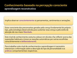 Implica observar conscientemente os pensamentos, sentimentos e sensações.


Estar consciente dos preconceitos gerados pela crença fundamental do próprio
tipo, pela estratégia desenvolvida para sustentar essa crença e pelo estilo de
atenção dá-nos maior liberdade.

Este nível de conhecimento costuma colocar em dúvida e faz reflectir acerca das
suposições habituais e trocar as reacções automáticas por outras escolhidas
conscientemente e deliberadamente.

Para trabalhar este nível de conhecimento e aprendizagem é necessário
interiorizar a informação sobre a descrição do tipo de personalidade e as
práticas comportamentais respectivas.
 