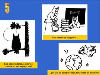 São analíticos e lógicos…




São observadores, solitários
 ciosos do seu espaço vital


                               …gostam de compreender, ter a visão de conjunto
 