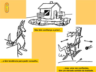 Não têm confiança a priori…




…e têm tendência para pedir conselho.


                                                             …mas, uma vez confiantes,
                                                         têm um elevado sentido da lealdade.
 