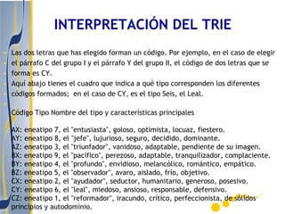INTERPRETACIÓN DEL TRIE
•   Las dos letras que has elegido forman un código. Por ejemplo, en el caso de elegir
•   el párrafo C del grupo I y el párrafo Y del grupo II, el código de dos letras que se
•   forma es CY.
•   Aquí abajo tienes el cuadro que indica a qué tipo corresponden los diferentes
•   códigos formados; en el caso de CY, es el tipo Seis, el Leal.
•
    Código Tipo Nombre del tipo y características principales

    AX: eneatipo 7, el "entusiasta", goloso, optimista, locuaz, fiestero.
    AY: eneatipo 8, el "jefe", lujurioso, seguro, decidido, dominante.
    AZ: eneatipo 3, el "triunfador", vanidoso, adaptable, pendiente de su imagen.
    BX: eneatipo 9, el "pacífico", perezoso, adaptable, tranquilizador, complaciente.
    BY: eneatipo 4, el "profundo", envidioso, melancólico, romántico, empático.
    BZ: eneatipo 5, el "observador", avaro, aislado, frío, objetivo.
    CX: eneatipo 2, el "ayudador", seductor, humanitario, generoso, posesivo.
    CY: eneatipo 6, el "leal", miedoso, ansioso, responsable, defensivo.
    CZ: eneatipo 1, el "reformador", iracundo, crítico, perfeccionista, de sólidos
    principios y autodominio.
 