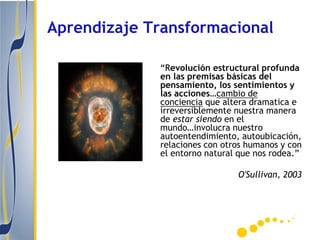 Aprendizaje Transformacional

             “Revolución estructural profunda
             en las premisas básicas del
             pensamiento, los sentimientos y
             las acciones…cambio de
             conciencia que altera dramatica e
             irreversiblemente nuestra manera
             de estar siendo en el
             mundo…involucra nuestro
             autoentendimiento, autoubicación,
             relaciones con otros humanos y con
             el entorno natural que nos rodea.”

                               O'Sullivan, 2003
 